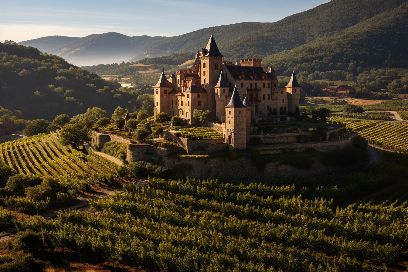 Château d'Ampuis : vue du château historique avec ses éléments médiévaux et Renaissance niché dans la vallée du Rhône