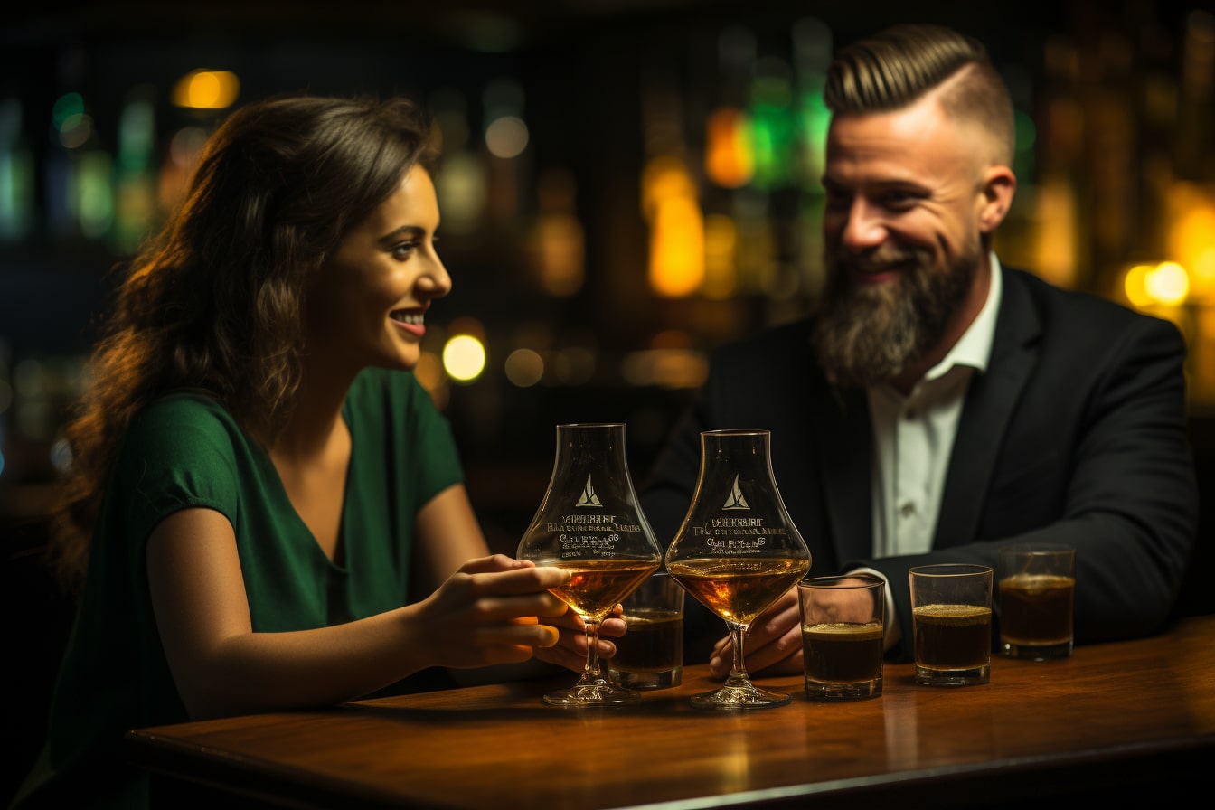 Glenfiddich : bouteille de whisky Glenfiddich single malt sur fond de tonneaux en chêne