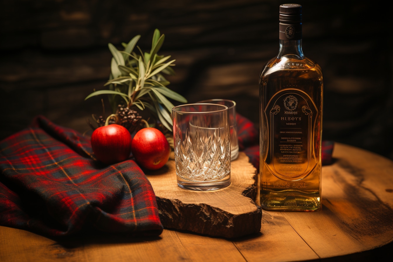 Glenfiddich whisky : bouteille de whisky Glenfiddich sur fond écossais