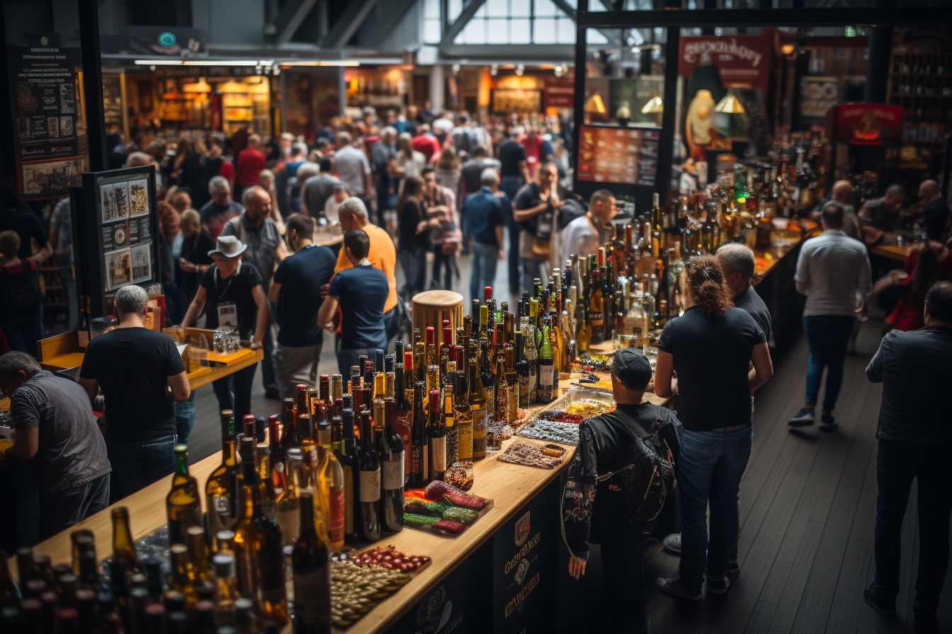 foire aux vins : étal coloré de bouteilles de vin lors d'une foire aux vins