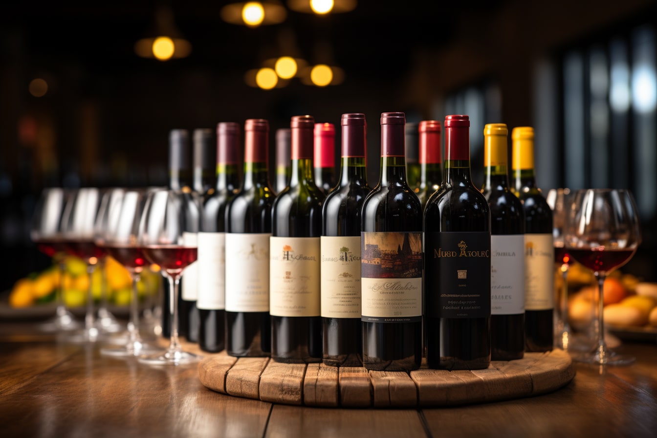 foire aux vins : étalage de bouteilles de vins variés lors d'une foire aux vins