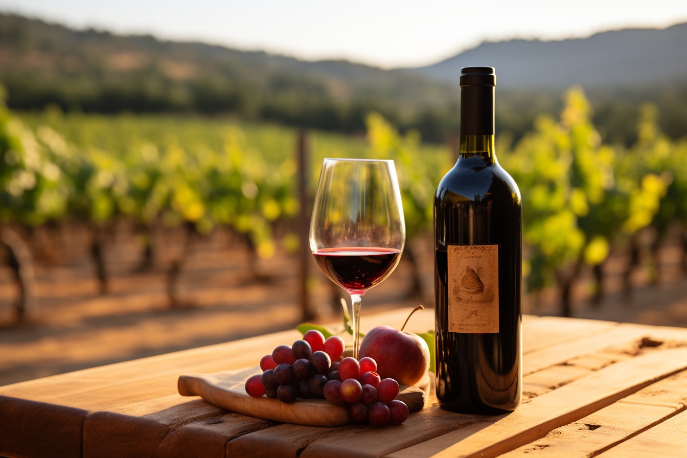 vin d'exception : bouteille de vin rouge haut de gamme sur fond de vignoble