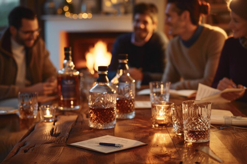 dégustation de whisky : table avec plusieurs verres de whisky et bouteilles de différentes origines
