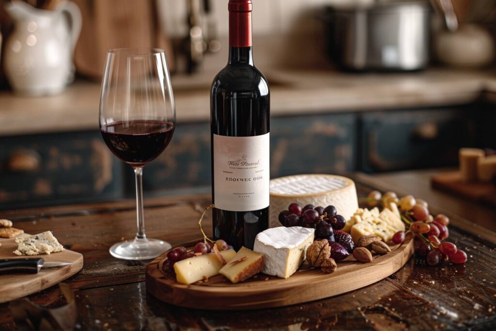 conservation vin fromage : bouteille de vin et fromages assortis bien conservés