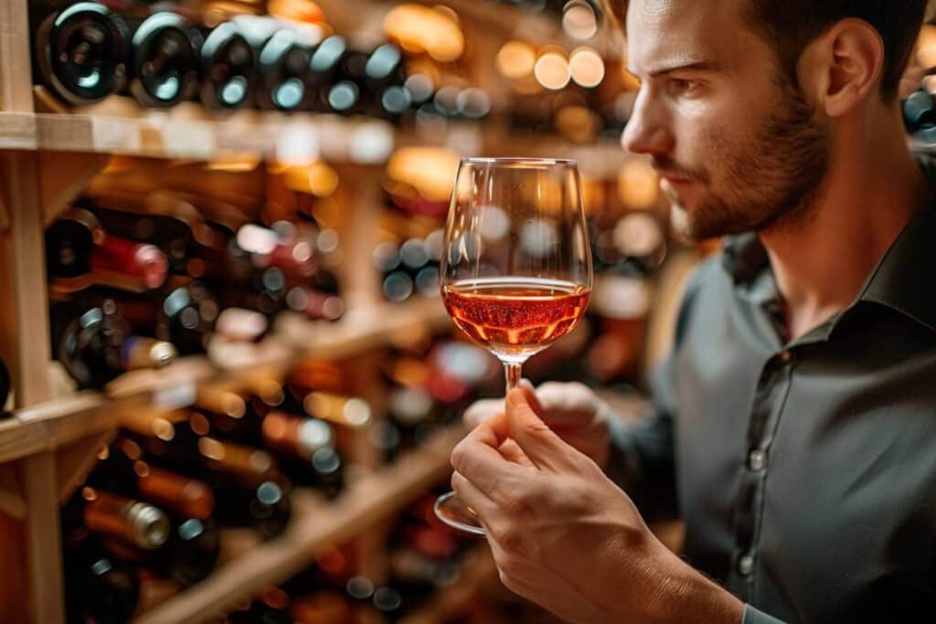 vin d'exception : sommelier dégustant un verre de vin dans une cave à vin