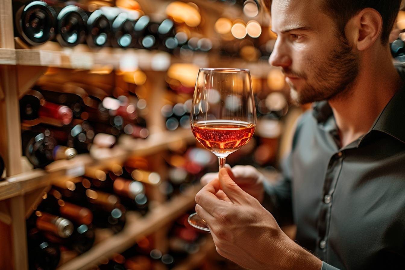vin d'exception : sommelier dégustant un verre de vin dans une cave à vin