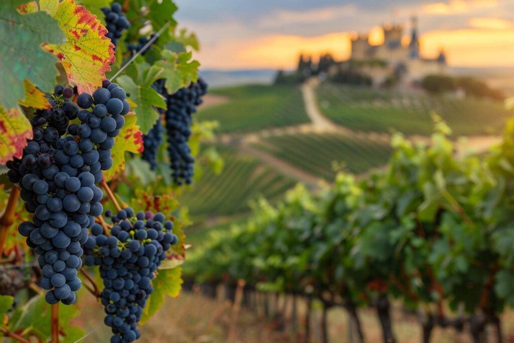 vignobles prestigieux : paysage d'un vignoble français avec des rangées de vignes et un château en arrière-plan