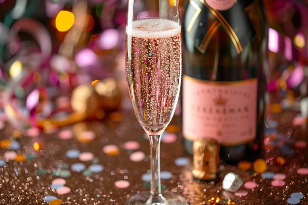 champagne rosé : verre de champagne rosé avec des bulles délicates