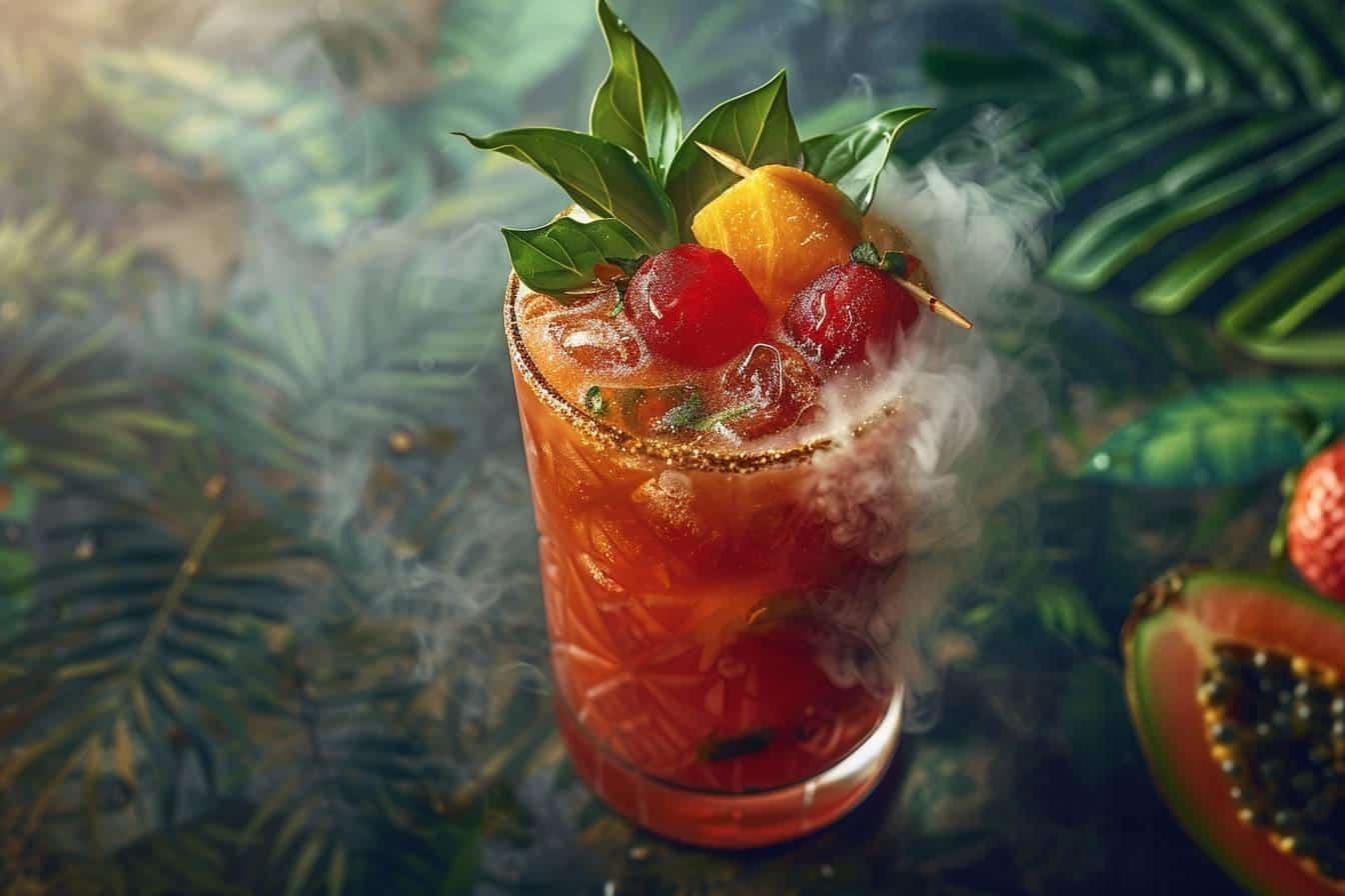 cocktail cerveau de singe : shooter à trois couches distinctes aux couleurs rouge, blanche et translucide