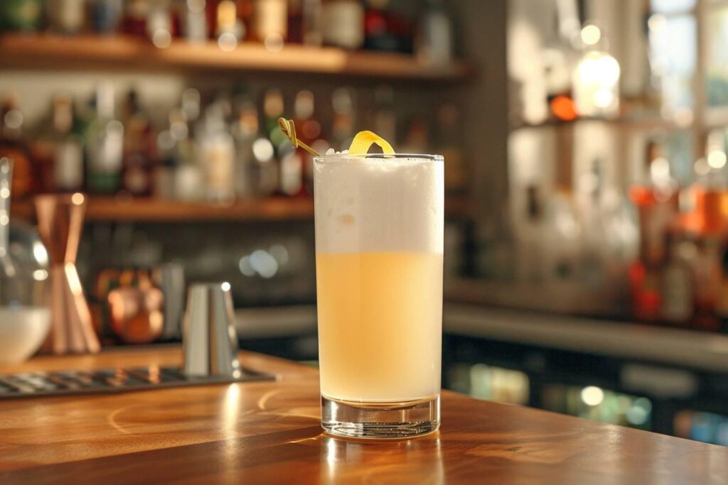 gin fizz : verre de cocktail gin fizz avec citron et glaçons