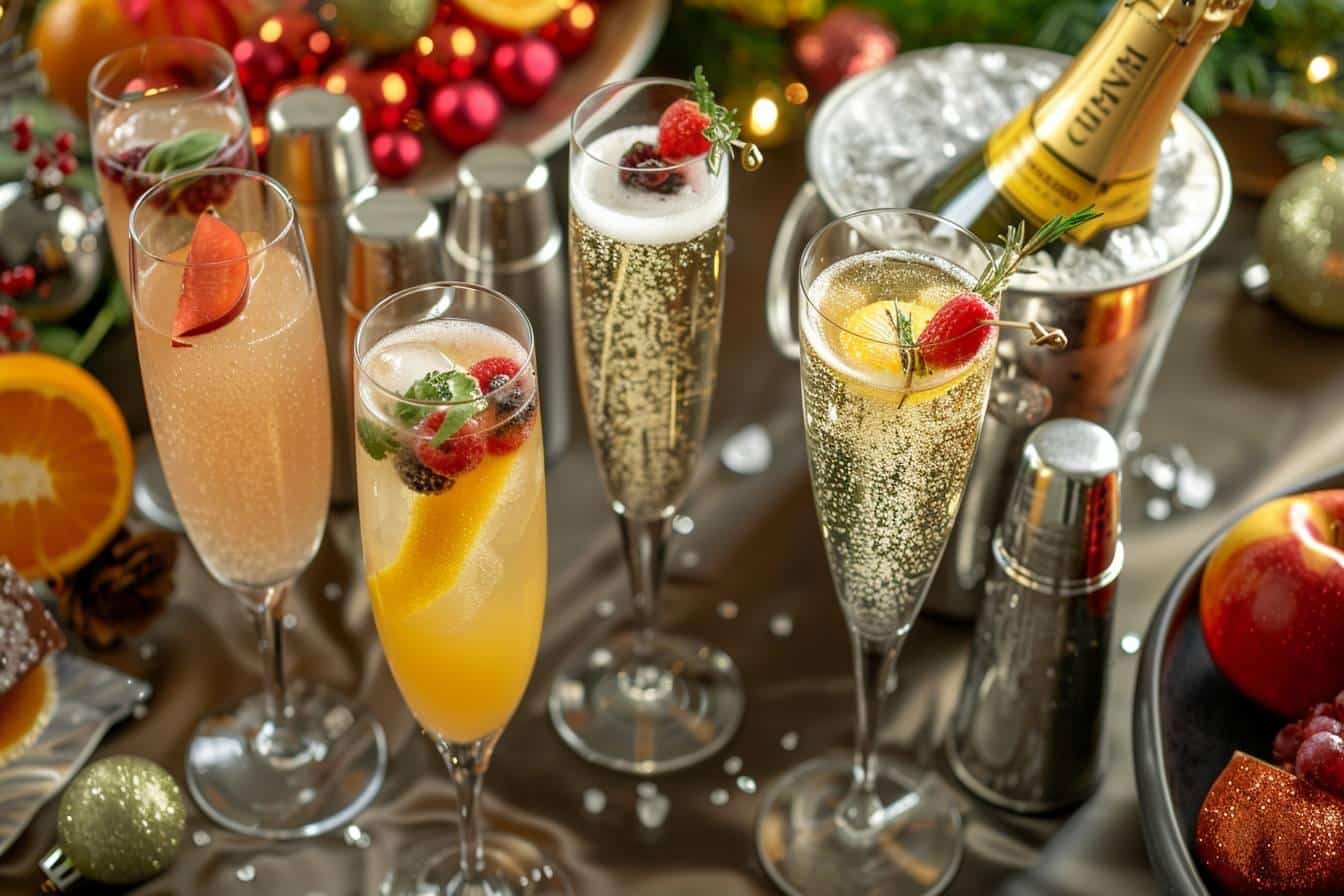 cocktails de Noël au champagne : assortiment coloré de cocktails de Noël au champagne dans des verres élégants
