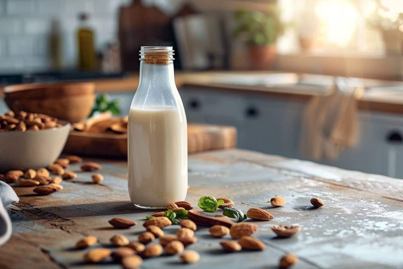 lait d'amande : brique et verre de lait d'amande frais