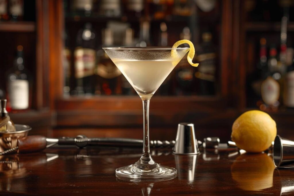 dry martini : verre de cocktail Dry Martini avec zeste de citron