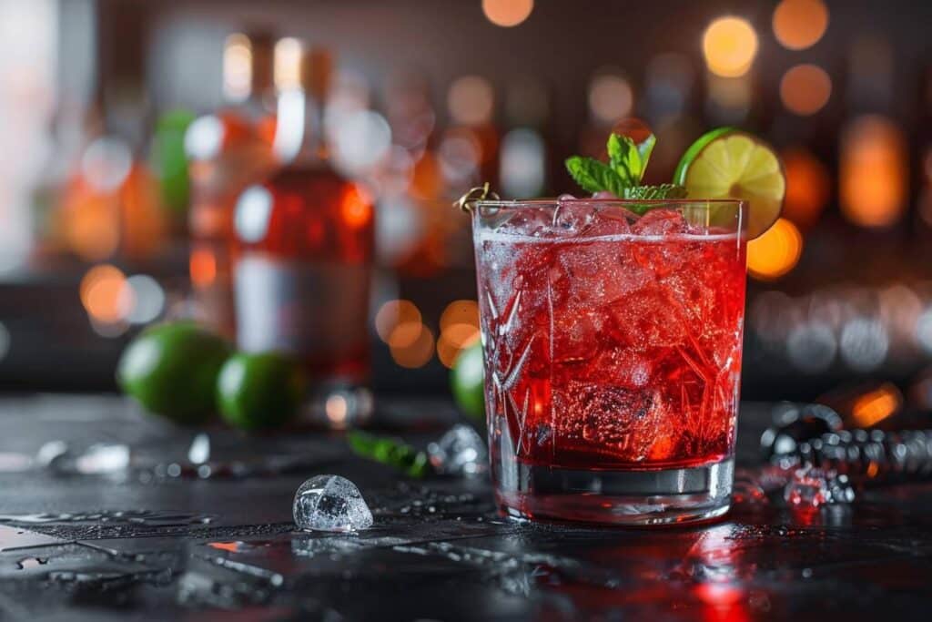 vodka Red Bull : verre de cocktail vodka Red Bull avec une canette de Red Bull en arrière-plan