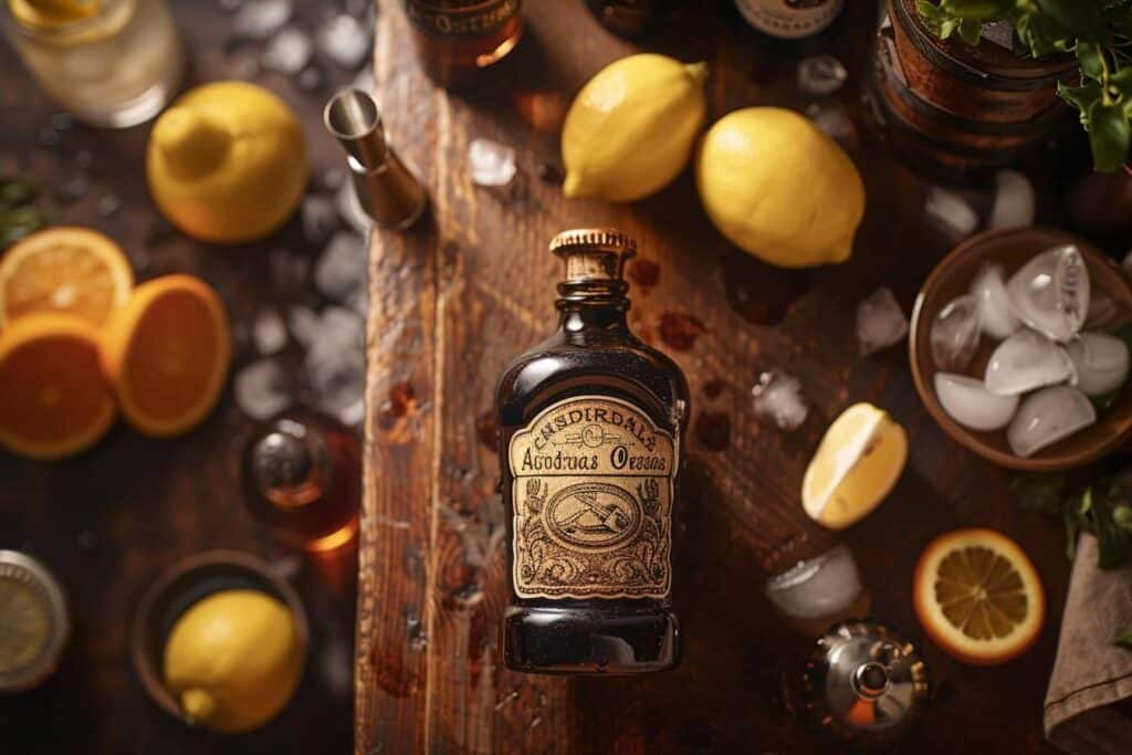 angostura bitter : bouteille d'angostura bitter avec des ingrédients de cocktail