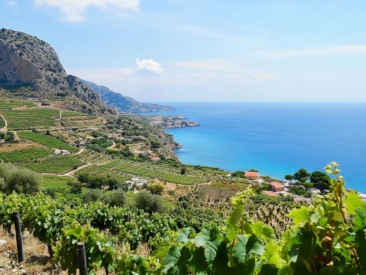 vins de Carole Bouquet : bouteille de vin et vigne en Sicile