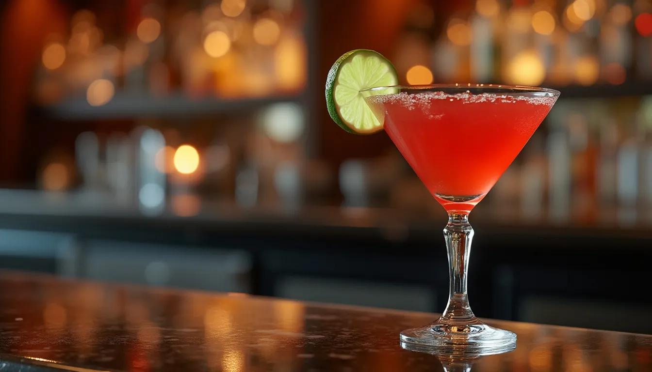 Cosmopolitan cocktail : verre de cocktail rose vif avec une tranche de citron vert