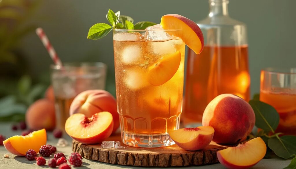 ice tea pêche alcool : verre de cocktail rafraîchissant à l'ice tea pêche mélangé avec alcool