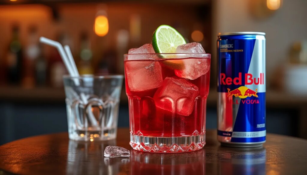 Vodka Red Bull : verre de cocktail Vodka Red Bull avec glaçons et canette de Red Bull