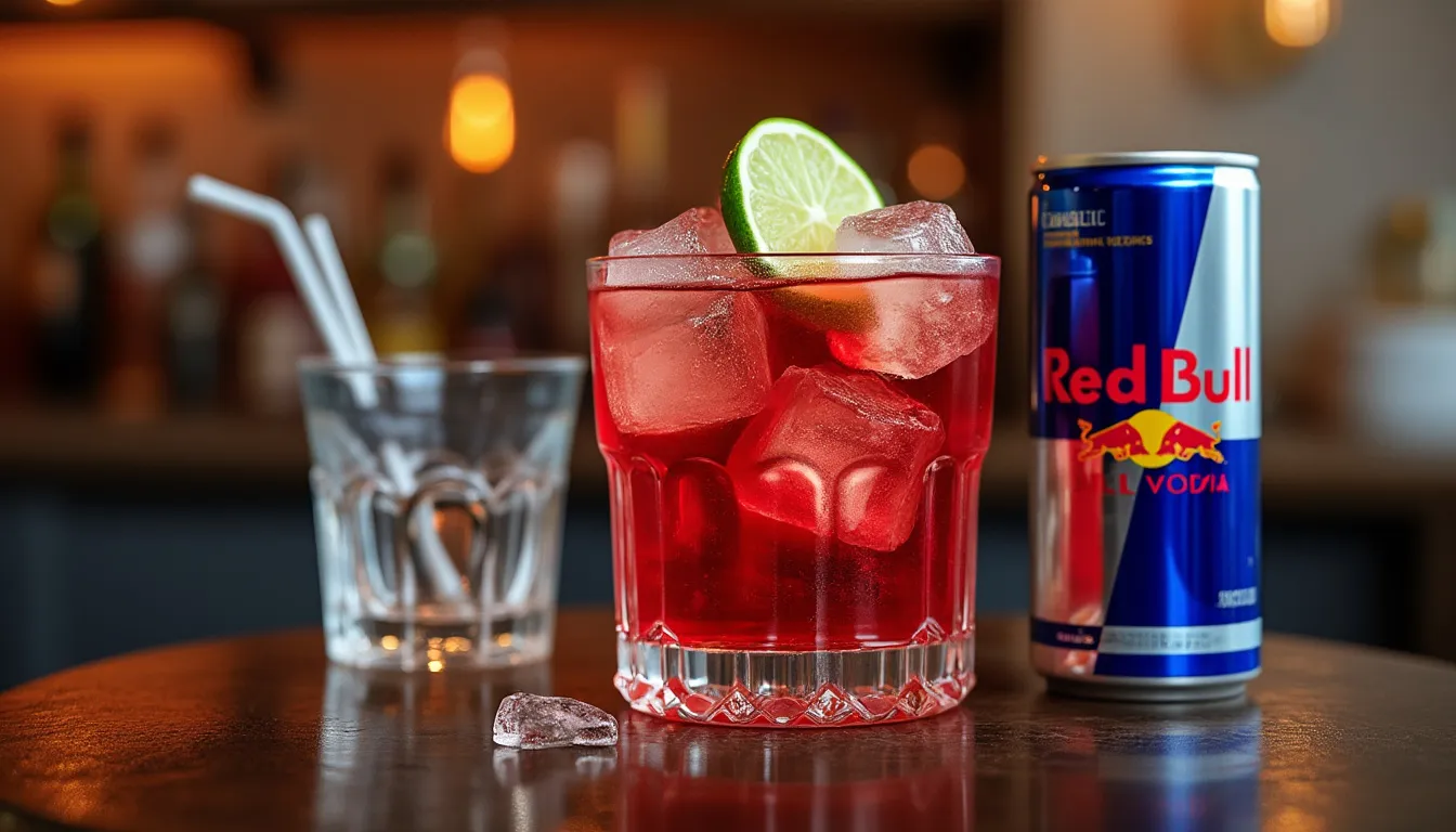 Vodka Red Bull : verre de cocktail Vodka Red Bull avec glaçons et canette de Red Bull