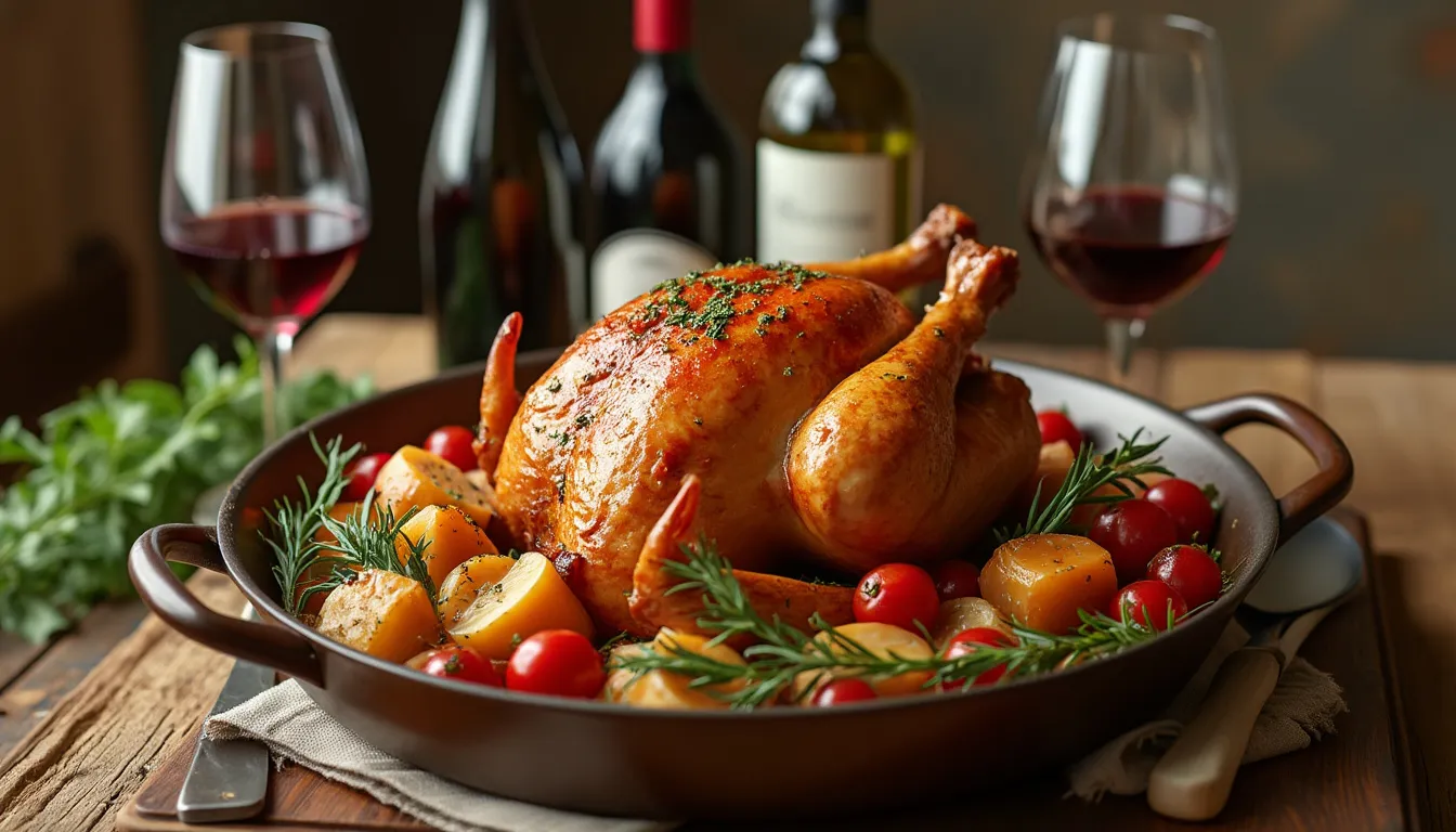 vin poule au pot : bouteille de vin blanc et plat de poule au pot