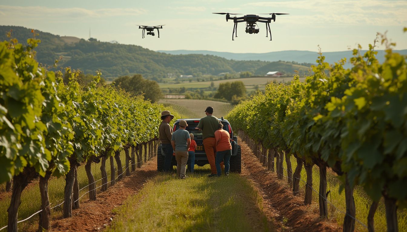 vendanges : machines et drones récoltant des raisins dans un vignoble