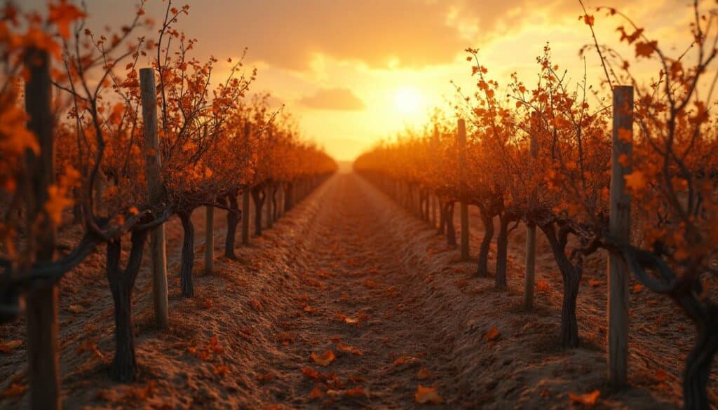 changement climatique vin : vignoble sous un ciel chaud et ensoleillé illustrant les effets du réchauffement climatique