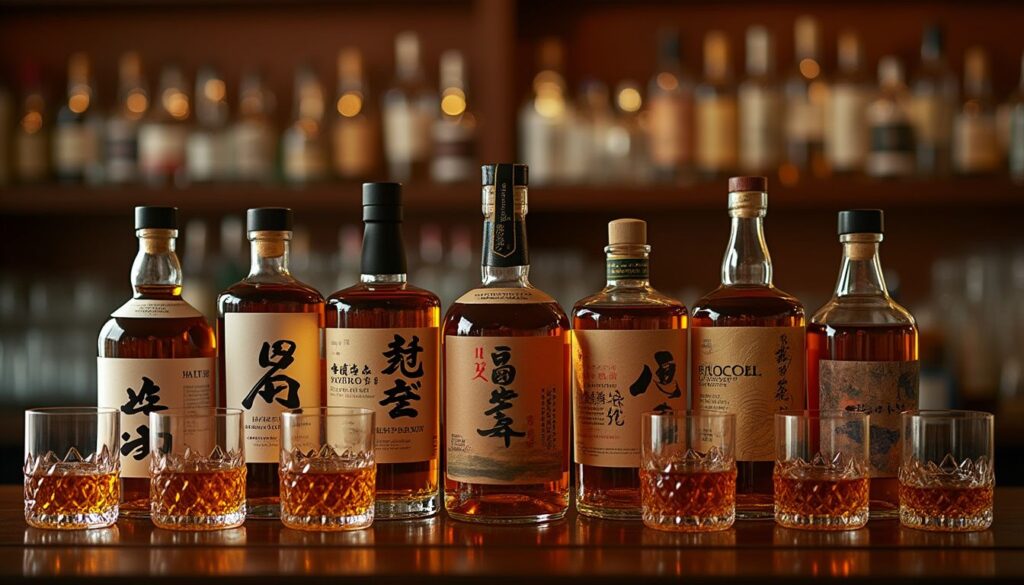 whisky japonais : bouteille de whisky japonais avec un verre