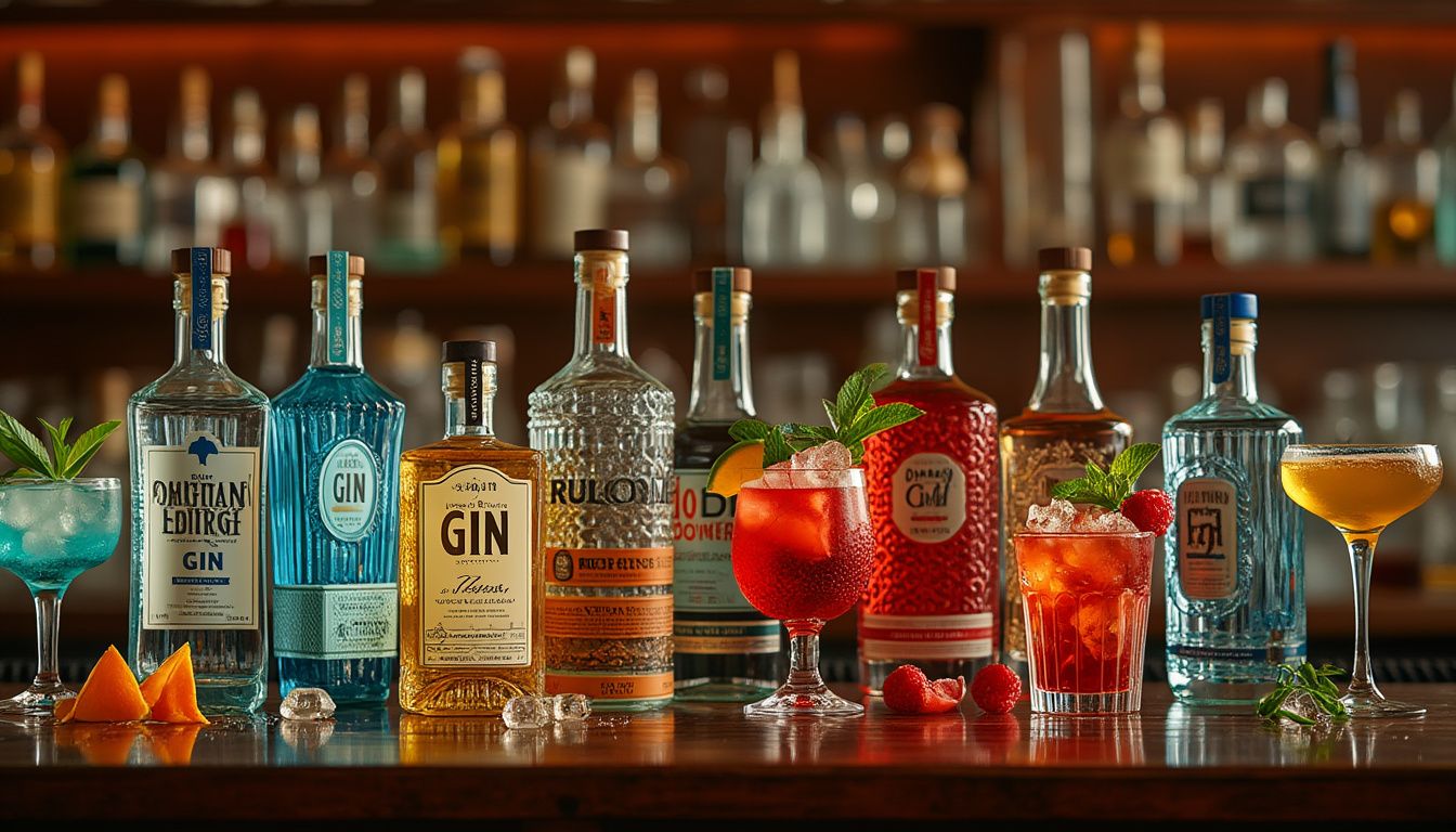 gin aromatisé : bouteille de gin aromatisé avec un verre et des agréments