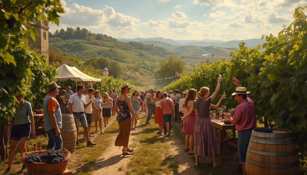 vendanges festives : assemblée de personnes en fête lors d'une vendange dans un vignoble