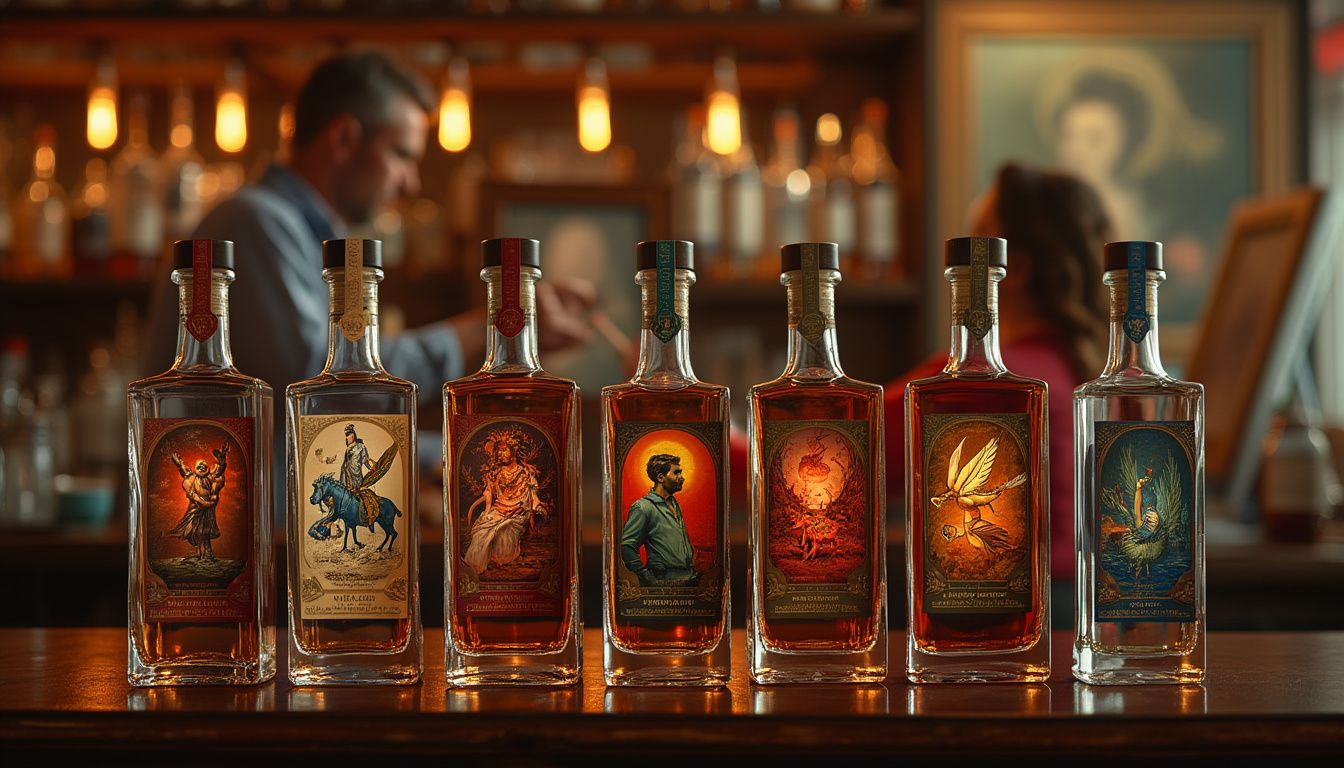 collaborations spiritueux artistes : bouteille de spiritueux illustrée par un artiste contemporain