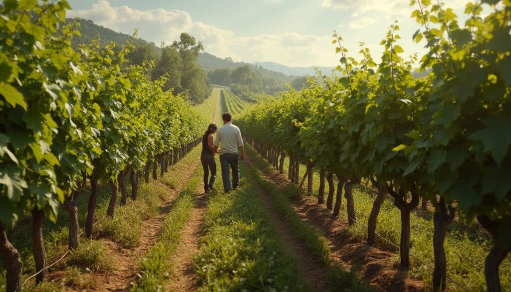 biodynamie : vignoble en biodynamie avec ciel clair et rangées de vignes en harmonie avec la nature