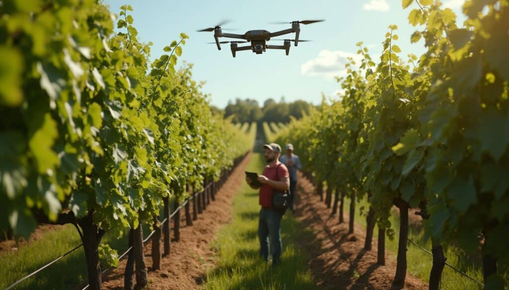 drones viticoles : drone surveillant un vignoble en plein vol