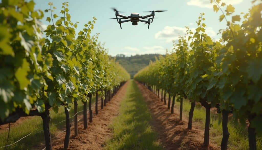 intelligence artificielle viticulture : robot et drones analysant un vignoble