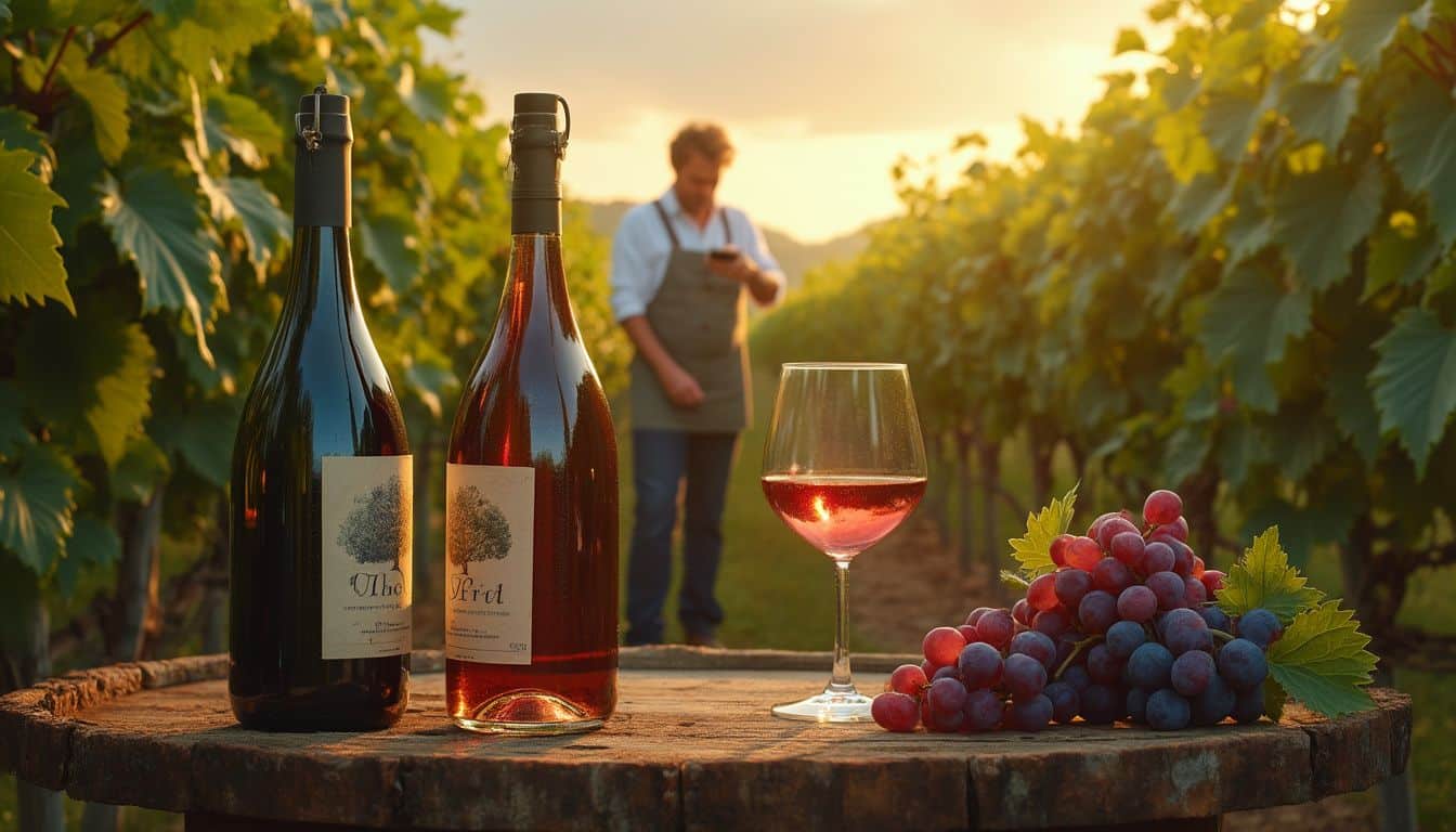 vin bio sulfites : bouteille de vin biologique avec raisins
