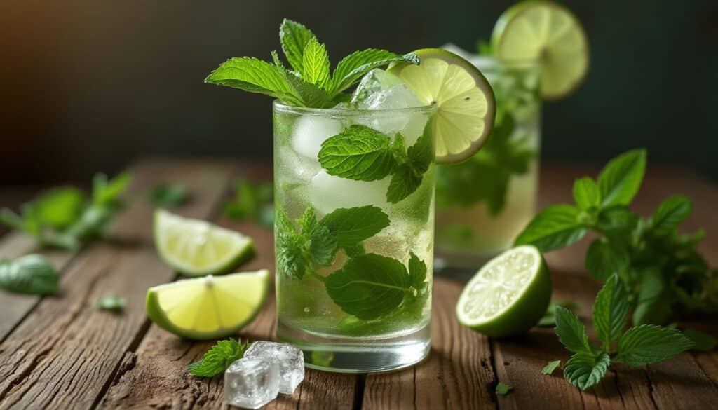Mojito sans alcool : verre de Mojito sans alcool avec menthe fraîche et citron vert