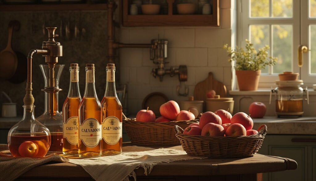 Calvados : bouteilles de Calvados avec pommes normandes en arrière-plan
