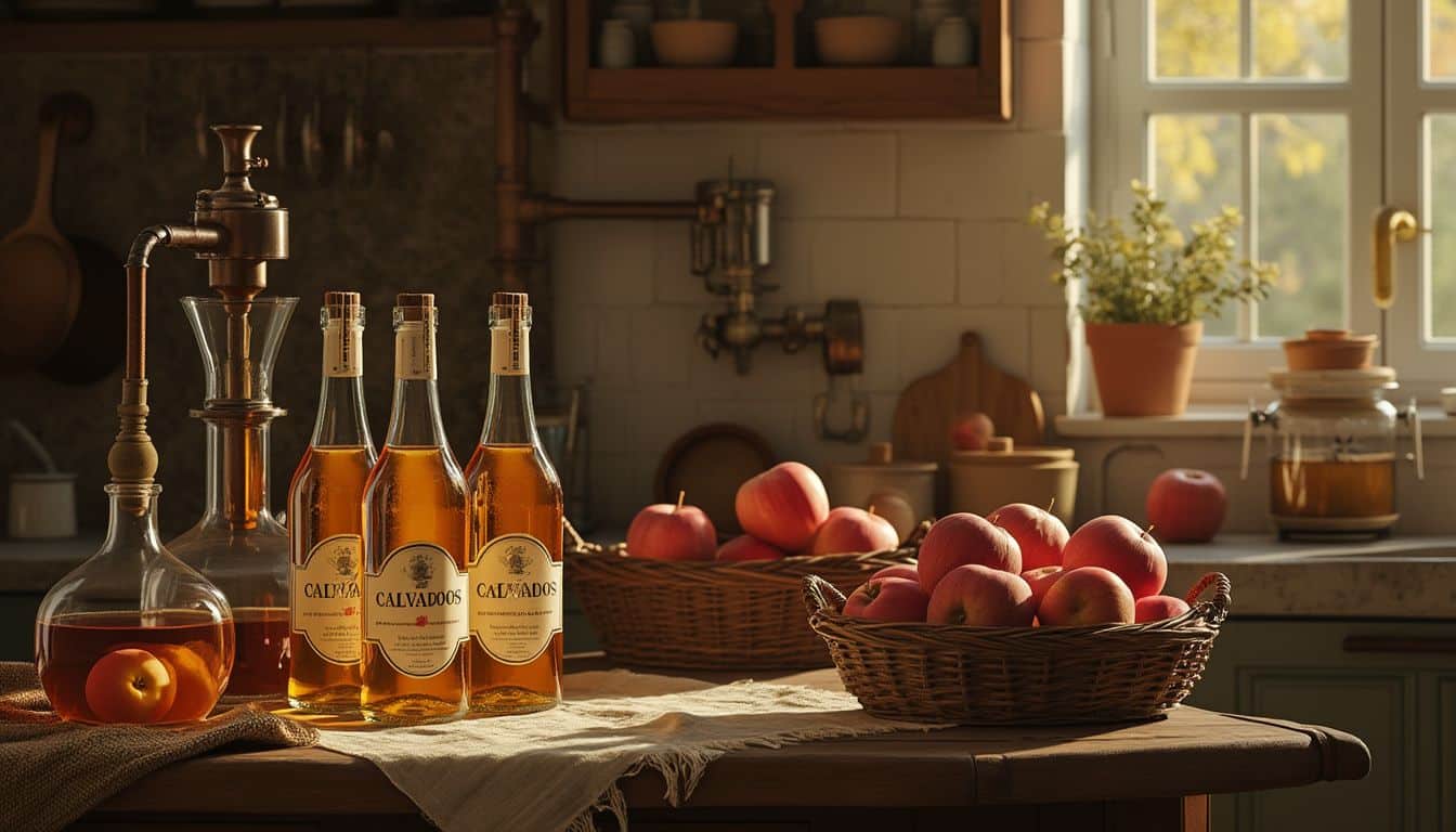 Calvados : bouteilles de Calvados avec pommes normandes en arrière-plan