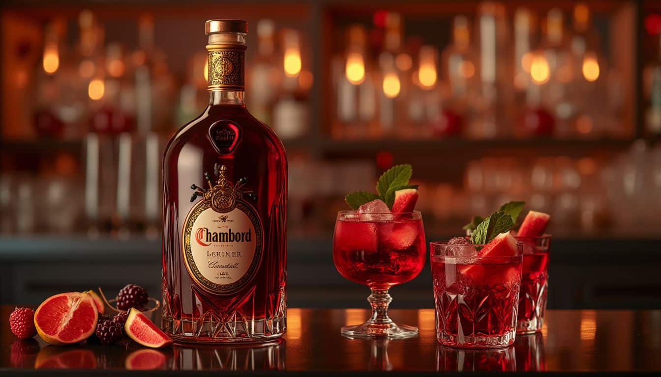 Chambord : bouteille de liqueur Chambord avec des framboises et un cocktail élégant