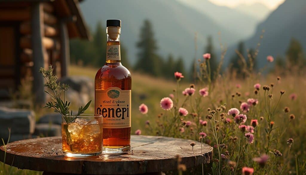 Génépi : bouteille de liqueur de Génépi dans un paysage alpin