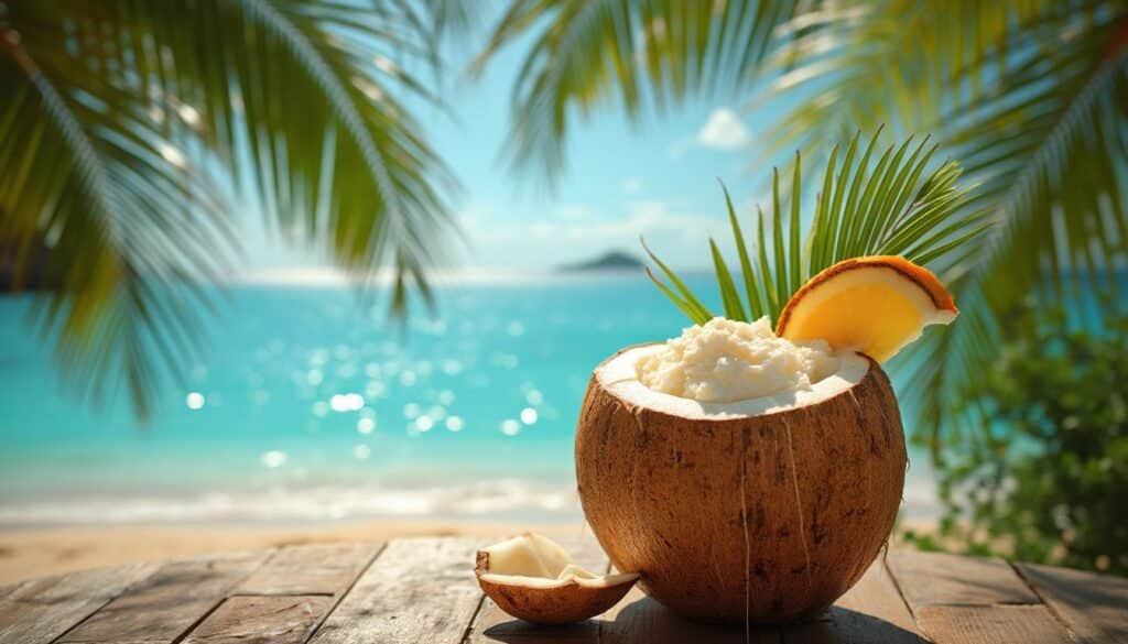 Malibu : bouteille de Malibu, liqueur à la noix de coco évoquant les tropiques