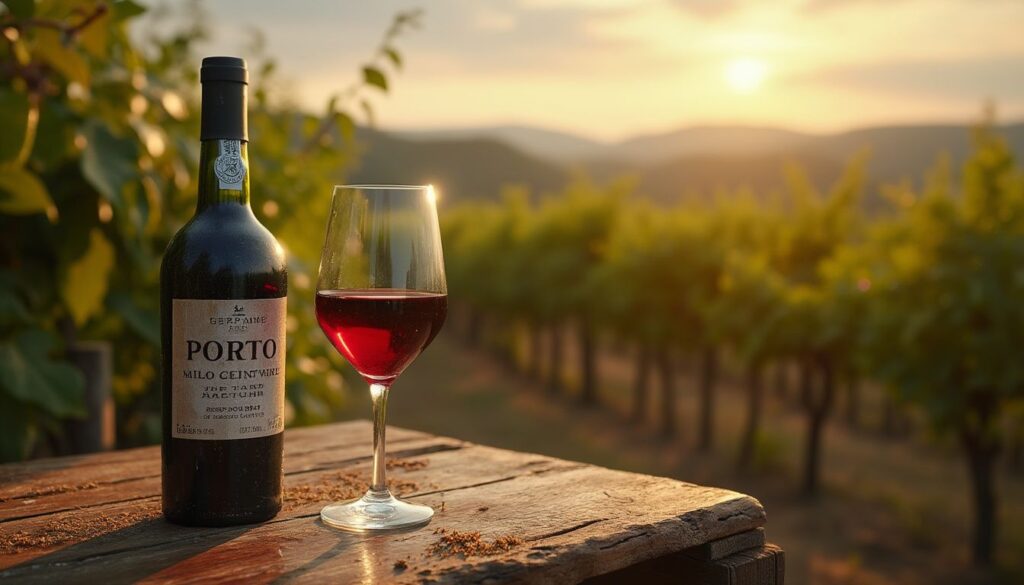 vin de Porto : bouteille de vin de Porto avec un verre à côté