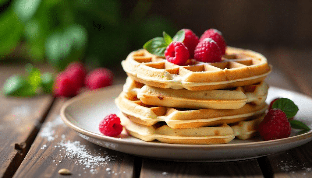 gaufres au chocolat blanc : gaufres dorées au chocolat blanc garnies de framboises fraîches et feuilles de basilic