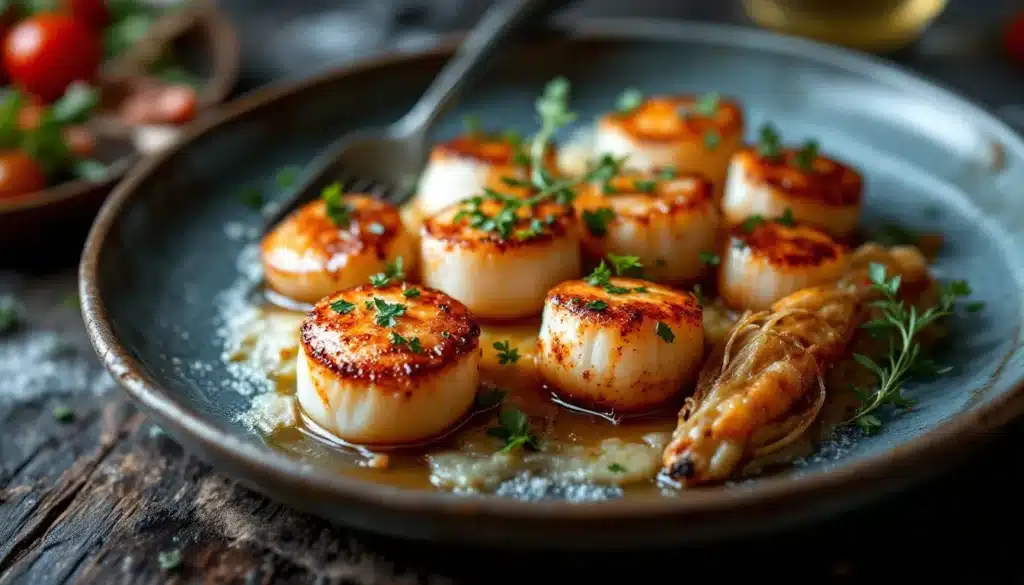 Coquille Saint-Jacques : plat de coquilles Saint-Jacques avec garnitures traditionnelles bretonnes et normandes