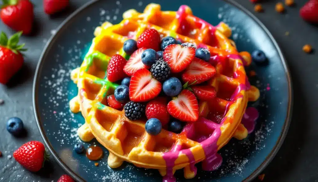 gaufre arc en ciel fruit exotique : gaufres colorées avec des fruits exotiques frais en décoration