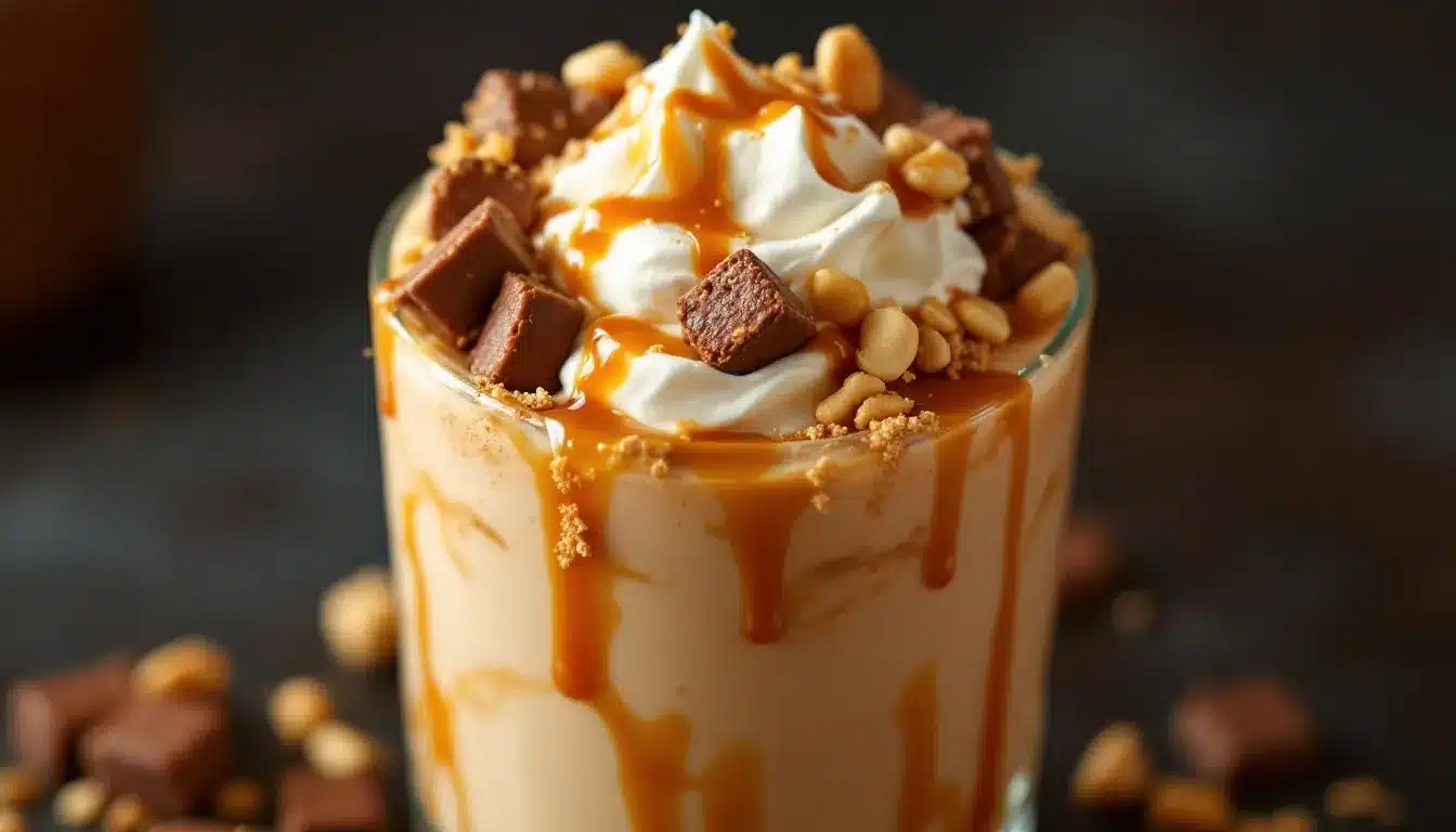 cocktail Snickers : verre de cocktail crémeux au goût de Snickers avec garniture chocolatée et cacahuètes