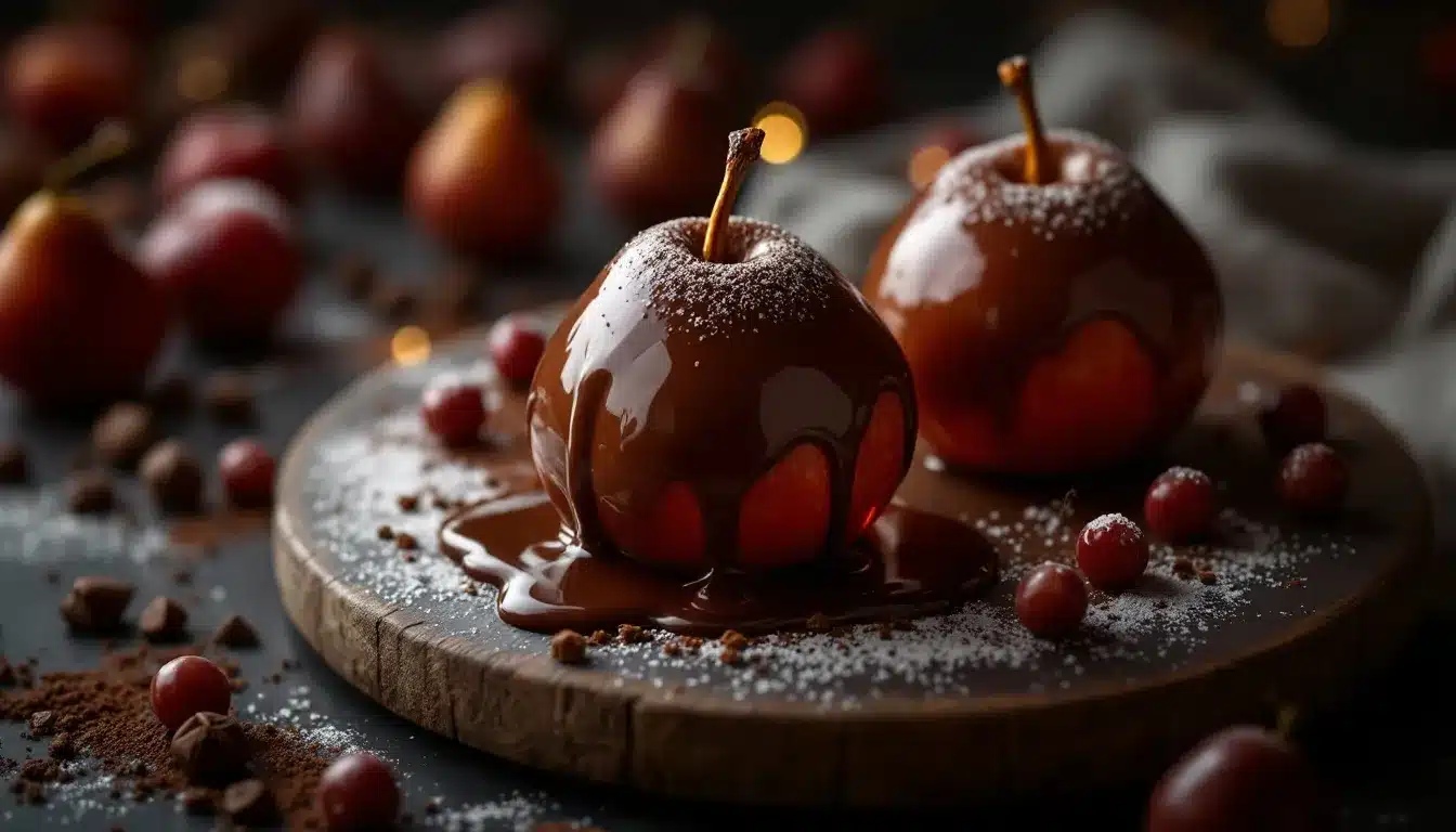 poire-chocolat : dessert élégant avec poires nappées de chocolat dans une verrerie raffinée
