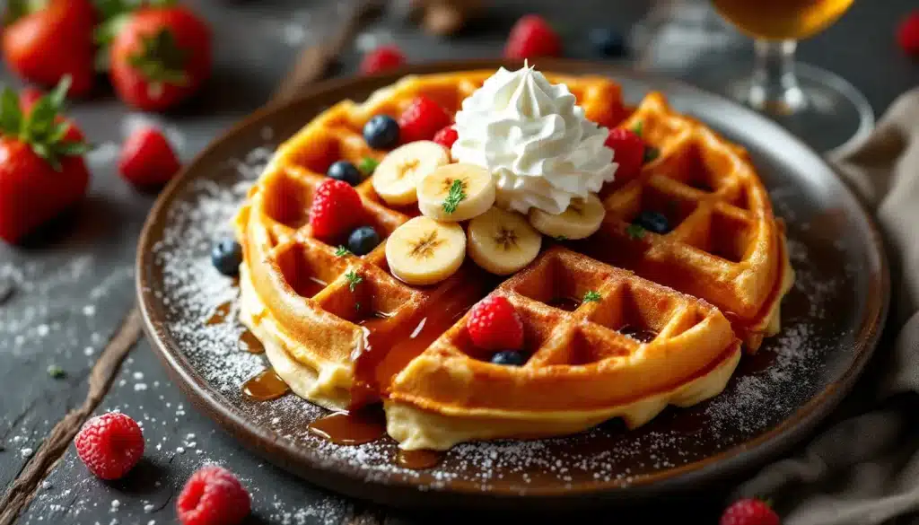 gaufres bananesques : gaufres dorées servies avec des tranches de bananes
