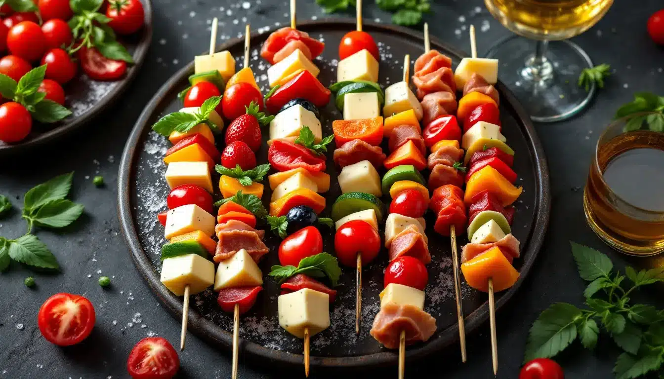 brochette apéro : assortiment coloré de brochettes apéritives fraîches et savoureuses