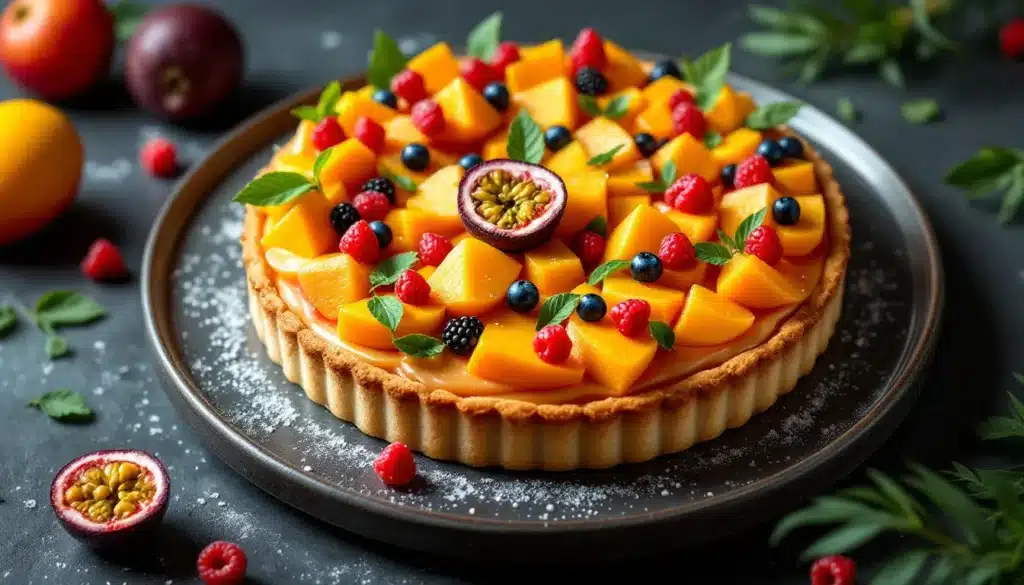 tartelette fruits exotiques : tartelette garnie de fruits tropicaux colorés sur fond blanc